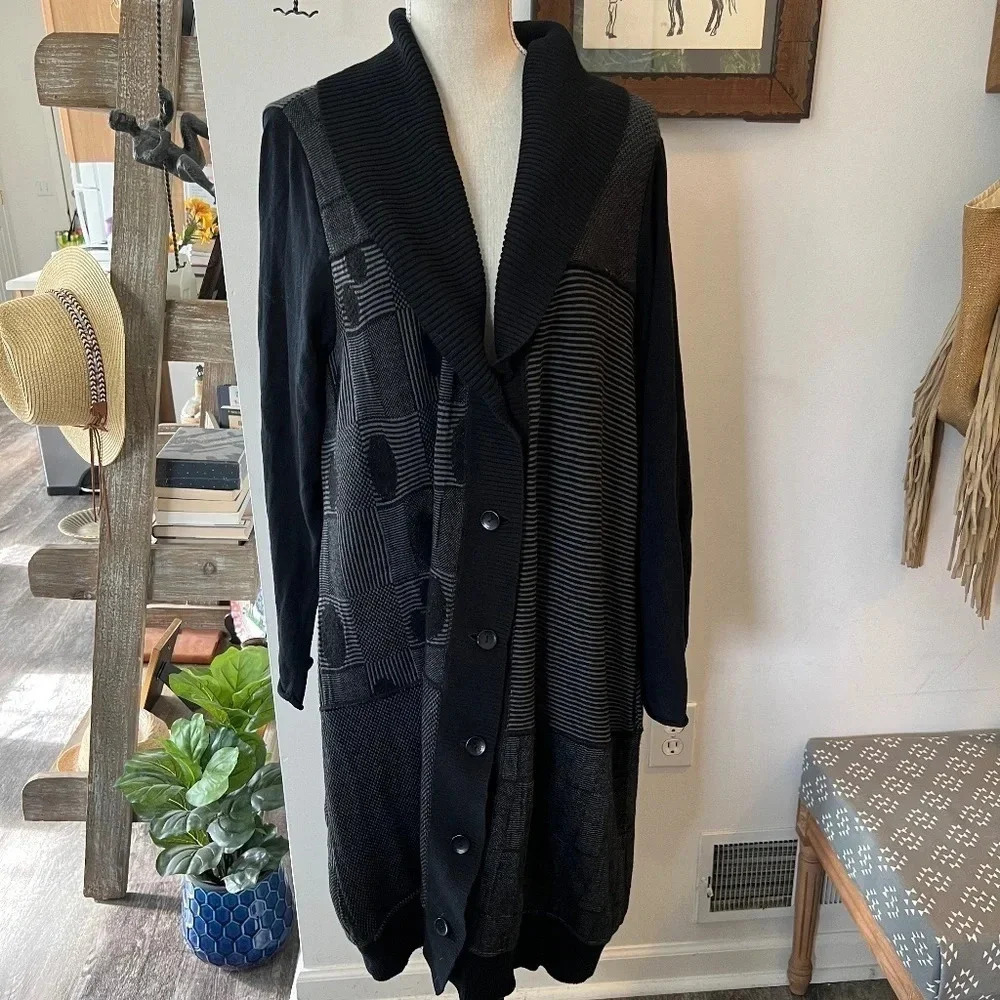 Risona by Tomo Black Patterned Long Cardigan M Wool